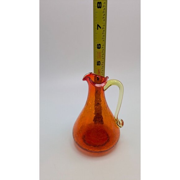 Pilgrim Glass Crackle Glass Pitcher Orange Yellow Handle Vintage Collectible - Picture 2 of 8